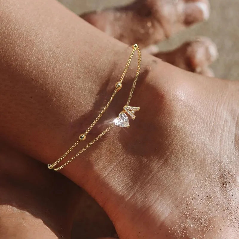 Initial Dainty Layered Heart Anklet