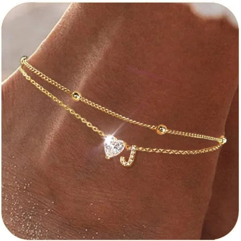 Initial Dainty Layered Heart Anklet